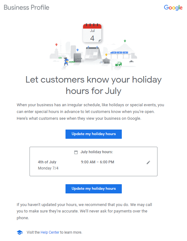 Email prompt from Google to update your business' hours on Google Maps for holidays & special events