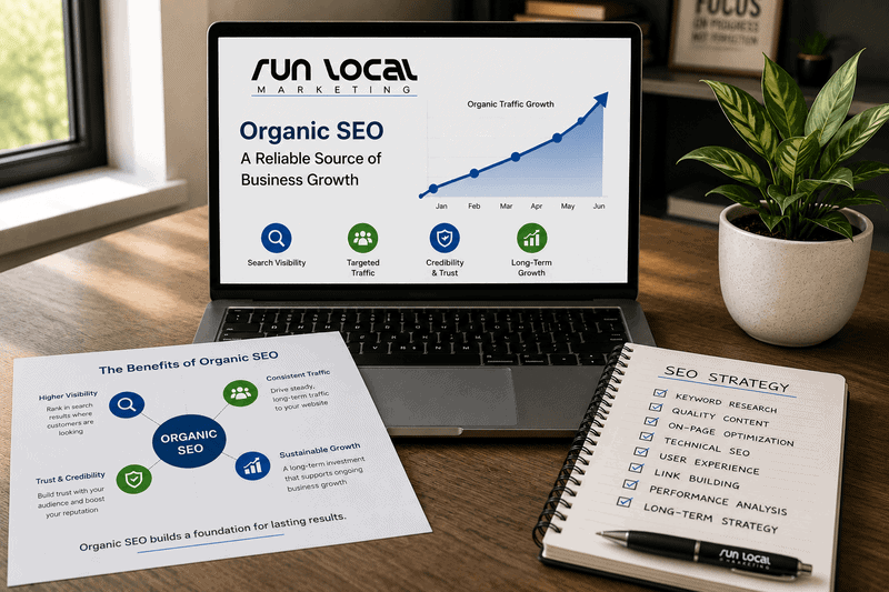 Illustration of an organic SEO strategy workspace showing how Run Local Marketing helps businesses build sustainable online growth.