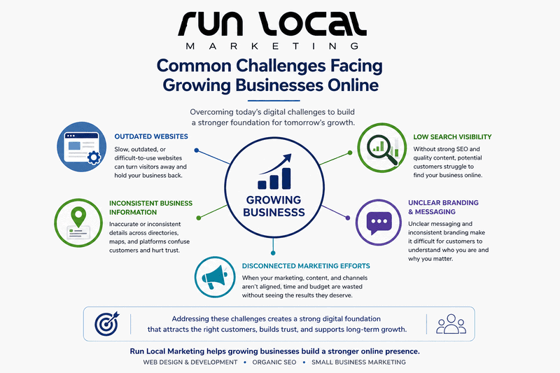 Run Local Marketing graphic illustrating common online challenges facing growing businesses.
