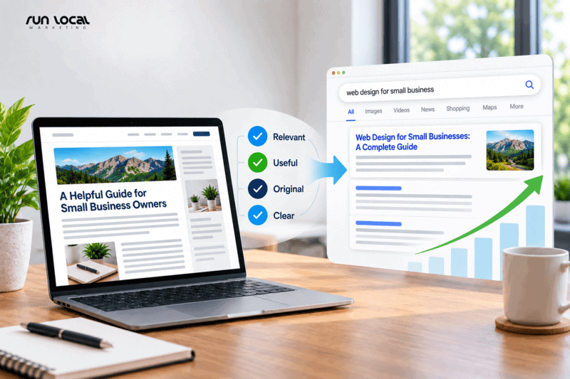 Graphic illustrating how relevant, useful, original, and clear website content can support organic search performance.
